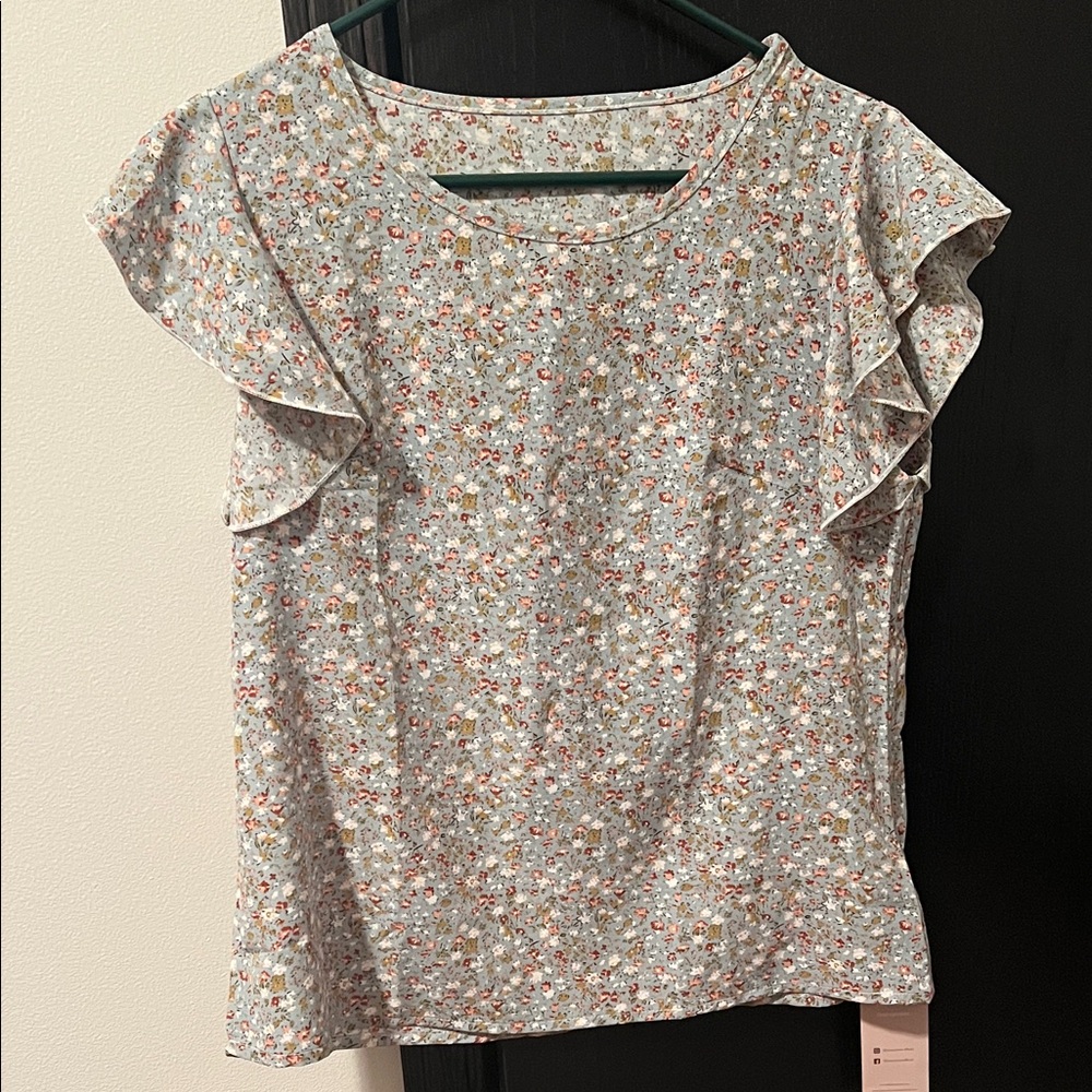 Women’s Floral Flutter Sleeve Top - Pale Teal